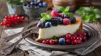 Delicious Slice of Cheesecake on a Rustic Table