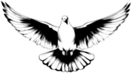 Obraz premium Halftone black and white illustration of a dove in flight, expressing peace