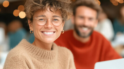 Fototapeta premium Young woman smiling with glasses and curly hair showing financial planning confidence with happy youth in cozy indoor setting
