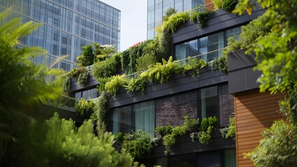 Modern building facade adorned with lush vertical greenery and trees