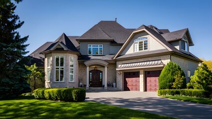 Naklejka premium Luxurious tudor style mansion with manicured gardens and double garage