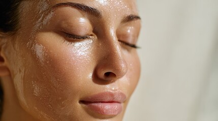 Glowing Skin: A close-up shot of a serene woman's face, highlighting the natural radiance and dewy texture of her skin, illuminated by soft, diffused light.