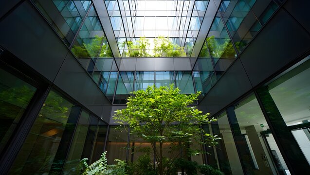 Modern courtyard with lush green tree and glass ceiling - Powered by Adobe