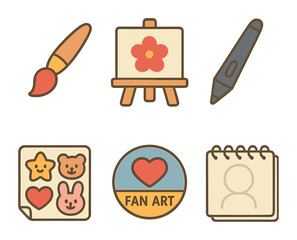 Children's Art Icons. Flat vector mini-illustrations Digital art and fan creations in colors children's