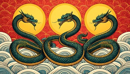 Obraz premium Three dragons intertwined on a decorative background