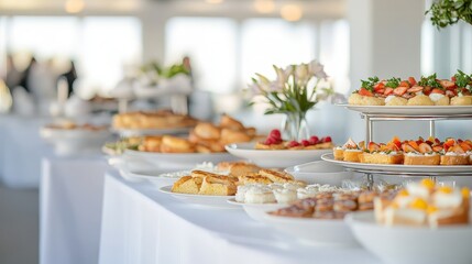 Elegant Buffet Table with Assorted Pastries and Fresh Fruits Display