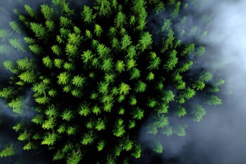 Pine forest covered in mist and fog. Early in the moring. Generative Ai