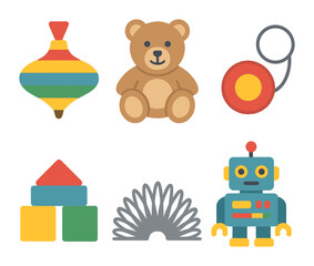 Retro Toys Collection. Flat vector mini-illustrations Childhood toys in colors children's illustrations: