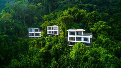 Modern white villas nestled amidst lush green tropical rainforest canopy