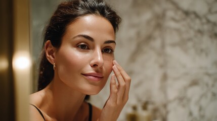 Serene Radiance: A woman delicately applies skincare, her skin aglow with natural beauty, captured in a moment of self-care.