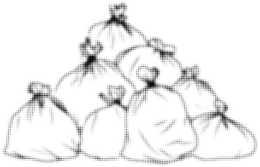 Black and white halftone illustration of stacked garbage bags