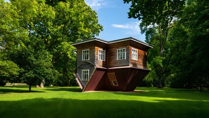 Whimsical upside down house surrounded by lush green trees and sunlight