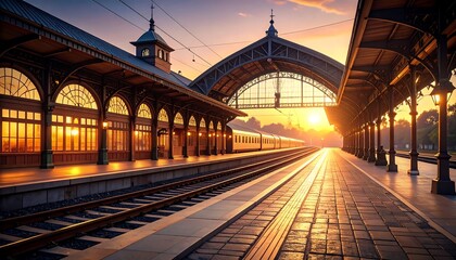 Train at Railway Station Platform During Sunrise Glow