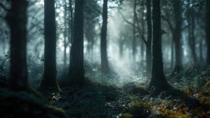 Fototapeta premium Enchanting Sunbeams in a Mystical Forest: Ethereal Light Piercing Through Dense Canopy, Creating a Dreamlike Atmosphere