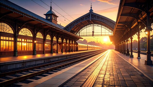Train at Railway Station Platform During Sunrise Glow