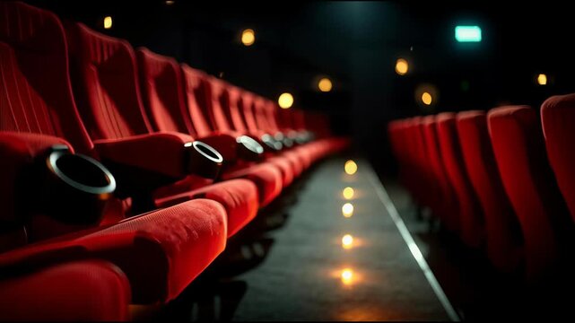 Red Theater Seats in a Dimly Lit Cinema Environment