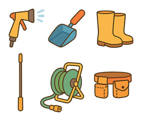 Gutter Cleaning Tools. Flat vector mini-illustrations Gutter cleaning accessories in colors children's