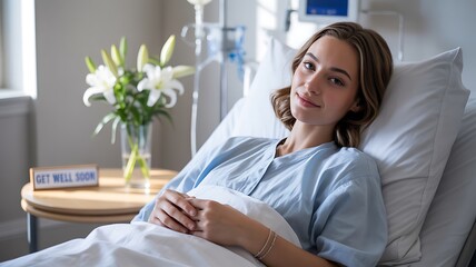 Woman in hospital bed with get well soon flowers patient