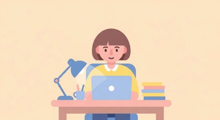 Focused Study Session: A Woman at Her Desk with a Laptop in a Minimalist Style