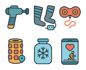 Recovery Gadget Icons. Flat vector mini-illustrations Recovery tech and gadgets in colors children's