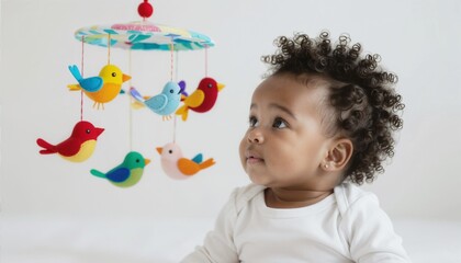 black baby reaching for hanging mobile