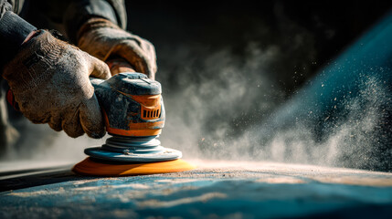 Close-up of a person using a power buffer on a vehicle's surface in a workshop setting