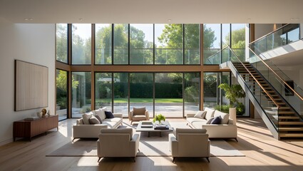 Fototapeta premium Modern living room with floor to ceiling windows and lush green backyard view