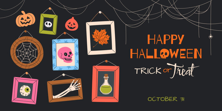 Happy Halloween. Horizontal banner with picture frames and spooky elements. Flat style illustration for Trick or Treat themes, web design, advertising and promotion, festive backgrounds. Vector art.