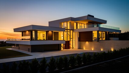 Obraz premium Modern luxury residence illuminated at dusk with ocean view