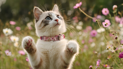 Cute beige cat with blue eyes playfully stands in field of pink and white flowers, wearing floral collar. scene is vibrant and joyful, capturing essence of sunny day