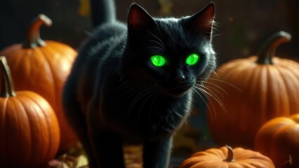 Enigmatic Black Cat with Glowing Green Eyes Amidst Autumn Pumpkins