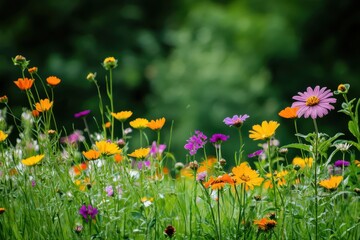 Fototapeta premium Vibrant Summer Meadow Displaying Colorful Wildflowers Blooming in Lush Green Grass on a Sunny Day