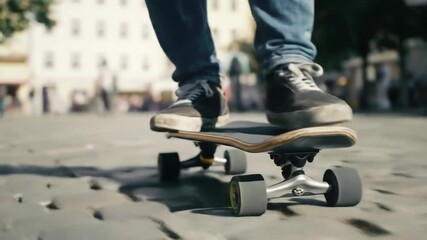 closeup of young skateboarder's feet in worn sneakers navigating urban street. youth freedom. city life, active lifestyle, sports. european mobility week. youth culture, sustainable transport