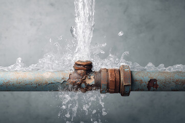 A pipe is leaking water and the water is spraying out of the pipe