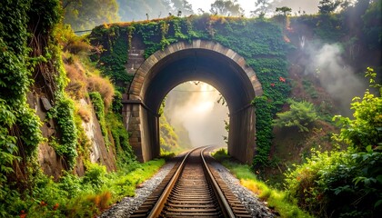 Train Tracks Leading to Tunnel with Lush Greenery and Morning Mist