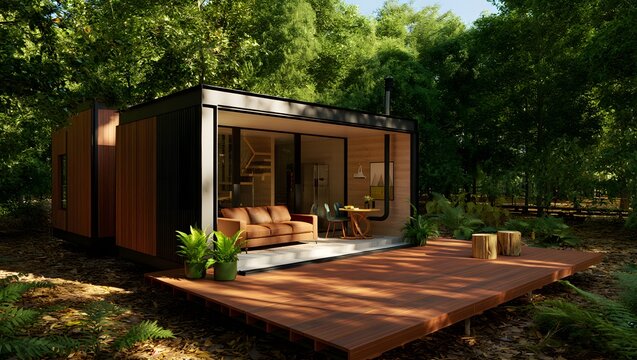 Modern wooden cabin with deck nestled among lush green trees