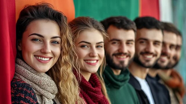 Five cheerful young adults are posing in a row, smiling and looking straight ahead, showing teeth, standing side by side