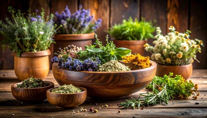 Dried herbs and flowers in wooden bowls