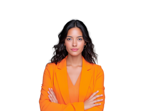Confident young businesswoman in a vibrant orange blazer with arms crossed, posing for a professional headshot portrait isolated on a clean white background.