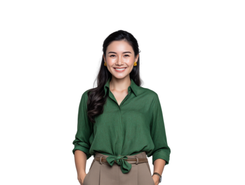 Waist-up studio portrait of an attractive and intelligent young Asian female professional smiling warmly, dressed in a stylish green blouse, isolated on white background.