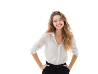 Portrait of a cheerful young businesswoman with a radiant smile and long wavy hair, posing confidently with hands in pockets, isolated on a white background.