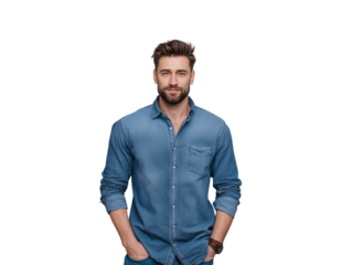 Casual handsome man with a beard and stylish haircut, wearing a blue denim shirt and looking directly at the camera with a confident expression, isolated on a white background.