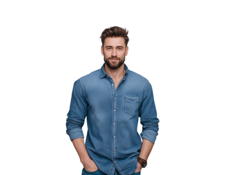 Casual handsome man with a beard and stylish haircut, wearing a blue denim shirt and looking directly at the camera with a confident expression, isolated on a white background.