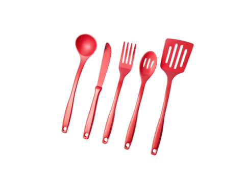 Red plastic kitchen utensils isolated on white background isolated on a transparent background