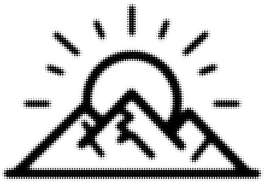 Sunrise over mountains in dotted graphic black and white illustration