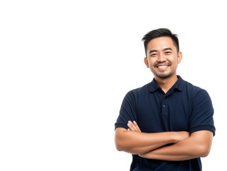 Portrait of a handsome young Asian man smiling confidently with arms crossed, presenting a friendly and professional look. Isolated studio shot on a white background with copy space.