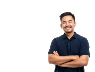 Portrait of a handsome young Asian man smiling confidently with arms crossed, presenting a friendly and professional look. Isolated studio shot on a white background with copy space.