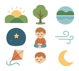 Peaceful Child's Dream. Flat vector mini-illustrations peaceful scenes in colors children's illustrations: