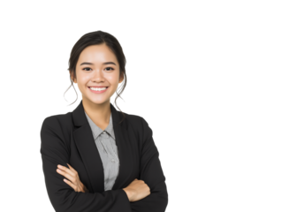 Portrait of a confident young Asian businesswoman in a professional black suit, smiling warmly with arms crossed. A friendly and successful corporate professional isolated on white background.