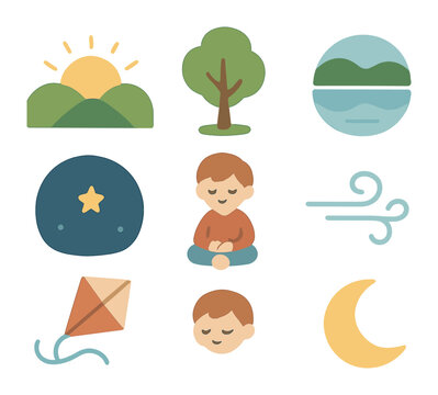 Peaceful Child's Dream. Flat vector mini-illustrations peaceful scenes in colors children's illustrations: